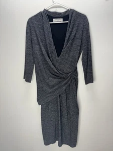 MM. Lafleur Casey Grey Black Houndstooth Ruched Faux Wrap Jersey Dress Wool L - Picture 1 of 13