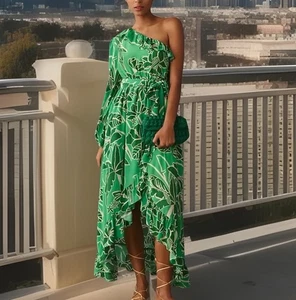 Farm Rio x Anthropologie Kleid bedruckt One-Shoulder Rüschen Midi Damen Gr. L Neu mit Etikett - Bild 1 von 10