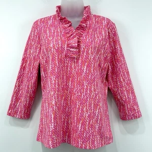 J McLaughlin Durham Catalina Cloth Top Womens L Ruffle Feminine Stretch Artsy - Picture 1 of 12