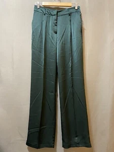 NWT House of Harlow Women Zip Front Hi-Rise Satin Straight Leg Pants SZ 6 Green - Picture 1 of 11