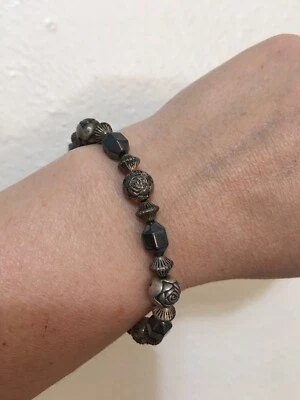 ￼Vintage Hematite Bracelet Flower Beads 7.5” Long, Lobster clasp - Image 1 of 4
