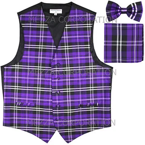 New Vesuvio Napoli Men's plaid Tuxedo Vest Waistcoat_Bowtie & Hankie set Purple - Picture 1 of 4