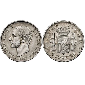 SPANIEN, 316-ALFONSO XII, 2 PESETEN 1883*18-83, MADRID MS M, SILBER, SEHR SCHÖN+. - Bild 1 von 3