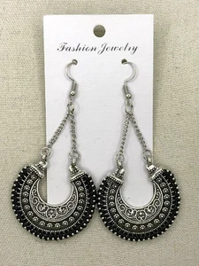 Ornate Silver Tone Black Weave Rope Wrapped Bohemian Swing Dangle Earrings NWOT - Picture 1 of 16