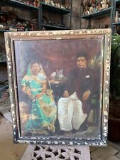 Vintage Old Canvas Oil Painting Indian Couple Portrait Painting Wooden Framed