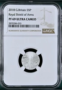 TOP POP 2018 Great Britain Silver 5 Pence Royal Shield Of Arms Proof NGC PF69 - Picture 1 of 4