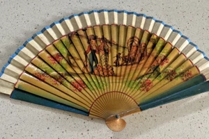 Antique Victorian Era Hand Fan Cloth Sandalwood Spanish Western Theme Free Ship - Picture 1 of 11