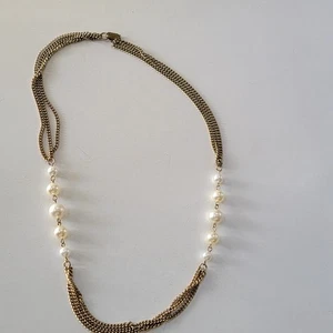 Vintage Faux Pearl Gold Tone Necklace Multi Strand Chain Elegant Costume Jewelry - Picture 1 of 10