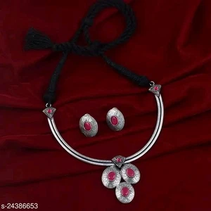 German Silver Hasli Oxidized Pink Kundan Necklace Bridal Women Jewelry Set - Picture 1 of 2