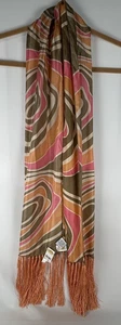 NWT Talbots 100% Silk Green Pink Coral Rectangle Scarf Oblong Mod Retro Fringe - Picture 1 of 3