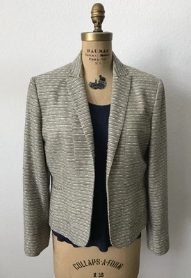 Chaqueta Blazer Anne Klein AK Talla 12 Azul Marino/Crema/Frente Abierto Brillante Foto 1 de 4