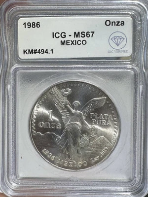 1986 Mexico 1 onza Silver Libertad ICG MS-67 IDC Verified KM#494.1 - Image 1 of 2