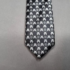 Black Tie Geek Neck Tie Mens Black White Space Invaders Gamer Retro Novelty Gift - Picture 1 of 9