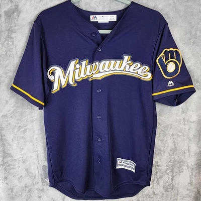 Jersey Majestic Milwaukee Brewers Azul Cool Base Para Hombre Pequeño Sin Nombre Foto 1 de 4