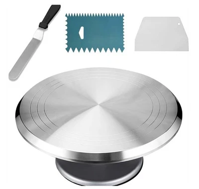 Juego de decoración de pasteles Premium de 4 piezas - Soporte giratorio, espátula y alisadores de glaseado Foto 1 de 4