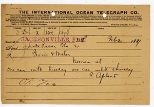 1887 International Ocean Telegraph Co. Telegram Punta Rassa Fl Signed F Copeland - Picture 1 of 2