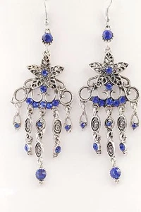 Chic Bohemia Antique Silver Metal Sapphire Blue Crystal Tassel Dangle Earrings - Picture 1 of 3