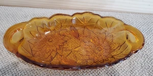 Vintage Girasole Indiana Vetro Ambra Oro Ovale Candy Nut Relish Piatto - Foto 1 di 4