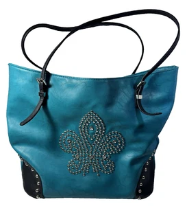 Fleur de lis Tote Bag Teal Leather Studded Rhinestone Handbag Adjustable Large - Picture 1 of 8
