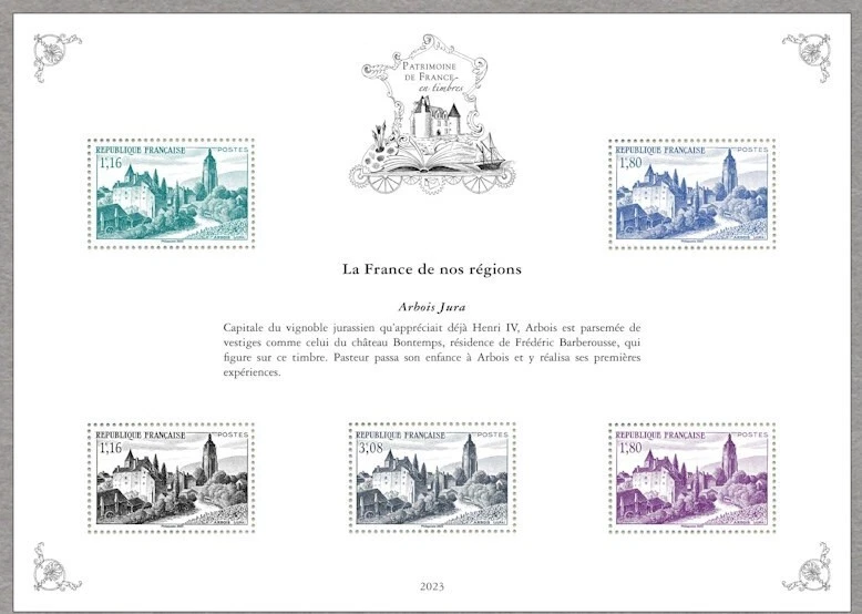 France 2023 heritage patrimoine jura ARBOIS church castle mill windmill ms5v mnh - Image 1 of 1