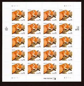 #3036 MNH, RED FOX-COMPLETE Sheet, 20X$1.00, F.V. $20.00 (1998) HARD TO FIND - Picture 1 of 2