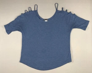 Venus Top Women's Medium Blue Pullover Shirt Strappy Cold Shoulder Short Sleeve - Picture 1 of 9