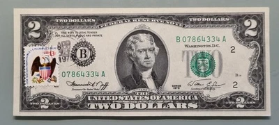 1976 Two Dollar Federal Reserve Note $2 with Stamp - First Day of Issue #96400 - Image 1 of 2