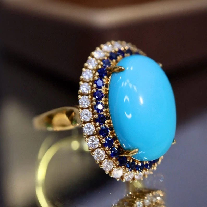 Natural Arizona Turquoise & VVS1 moissanite ring 92.5 silver gold plated Ring - Image 1 of 4