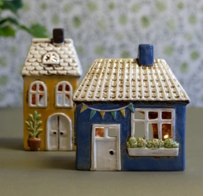 Set of 2 Ceramic Light Up Cottages House T Light Candle Holder Decoration - Image 1 of 3
