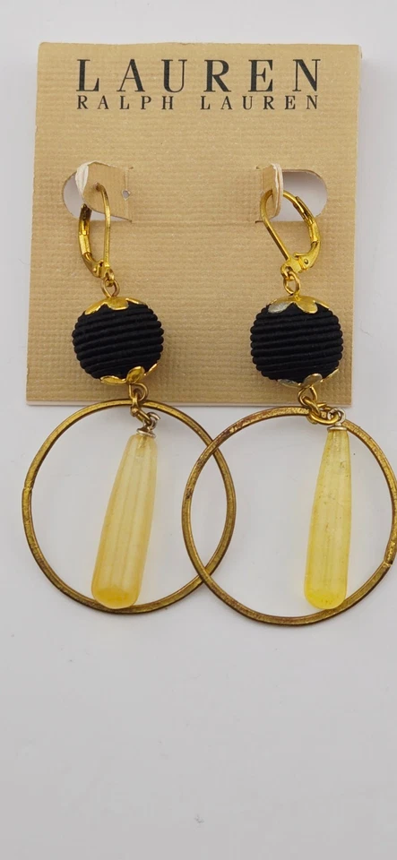 Pendientes circulares colgantes Ralph Lauren con cierre de palanca bola negra y lágrima de vidrio amarillo Foto 1 de 3