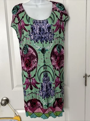 Camiseta Tejida Custo Barcelona Estilo Vestido Túnica Verde Púrpura Floral Talla 3 Foto 1 de 4