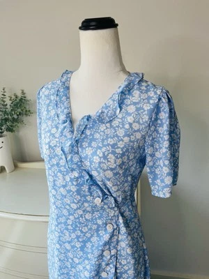 SIMPLE RETRO Talla S Para Mujer Azul Floral Volantes Vestido Envolvente De Colección Cottagecore Foto 1 de 4