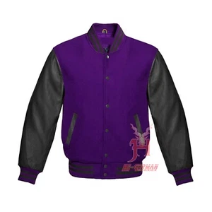 Giacche Maniche Varsity Uomo Letterman Baseball Viola Lana Vera Pelle Nera - Foto 1 di 6