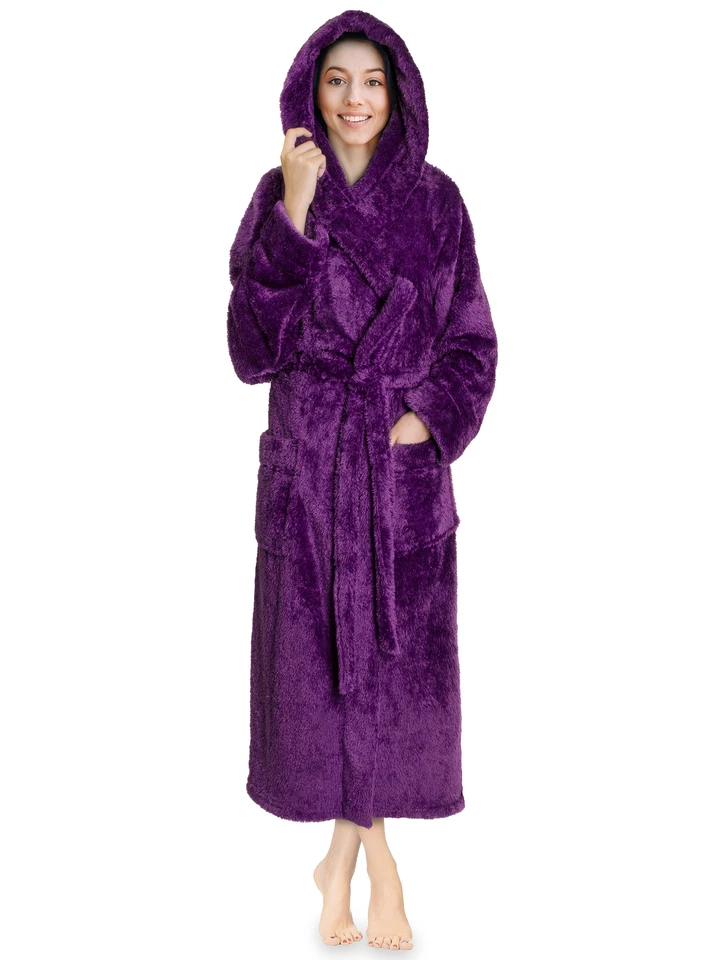 Womens Ladies Fluffy Robe Soft Fleece Luxe Plush Warm Sherpa Hooded Spa Bathrobe - Image 1 of 1