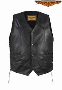 Chaleco de cuero para hombre 4 broches trenzado con cordones laterales varios bolsillos negro - Imagen 1 de 8
