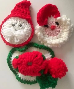 Hand Knit Christmas Ornament  Santa faces & Hat ( Set of 3 ) #1082 - Picture 1 of 5