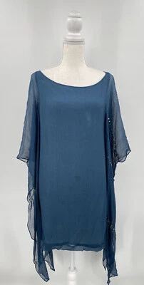 Foley And Corinna Silk Shift Dress Sz S Blue Beaded Long Sleeve Midi FLAWS - Image 1 of 4