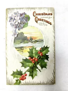Antike Weihnachtsversand Postkarte farbig geprägt floral Goldfolie 1912 verschickt verschickt - Bild 1 von 5