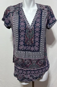 Lucky Brand Women Top Shirt Tunic XL Grey Pink Cotton Blend New NWT Short Sleeve - Picture 1 of 6