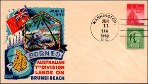 11 Jun 1945 WWII Patriotic Cover Staehle Multicolor Borneo Beach Cachet - Bild 1 von 2