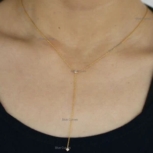 Collar de cadena Lariat de diamantes naturales con forma de rombo de oro amarillo sólido de 14 k de 16"" - Imagen 1 de 3