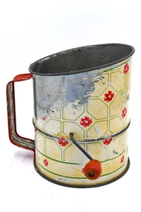 Vintage Flour Sifter Yellow Beige Green Red Flower Handle Age Patina Prop Decor - Picture 1 of 7