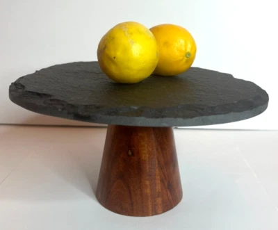 Crate & Barrel Slate + Wood Pedestal Server, Rustic Tray, Stand, Fruits Pastry - Image 1 of 4