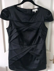 River Island Black Satin Pleated Evening Top Short Sleeve Blouse Size 14 VGC - Picture 1 of 7