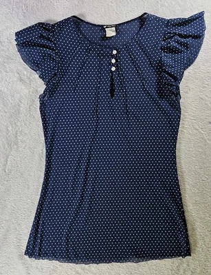 Vintage Y2K Lily White Top Blue Polka Dot Raw Hem 90's Grunge Punk Rock Band M - Image 1 of 4