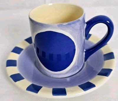 Whittard's Espresso Cup And Saucer Blue And Cream Stripe Circle Pattern - Image 1 of 4