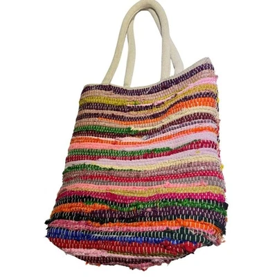 Bolso de Mano Boho Hippie Multicolor Chindi Tejido a Rayas Festival Escuela Foto 1 de 4