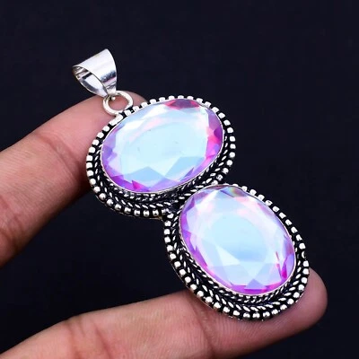 Rosa Topazio Mistico Gemma a Mano 925 Pendente Argento Sterling per Matrimonio - Immagine 1 di 4