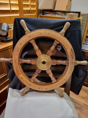 Vintage 24" Brass Nautical Wooden Steering Wheel, Wall Decore - Image 1 of 4