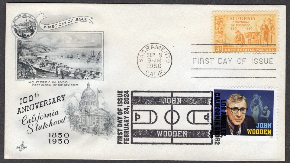 2024 Coach JOHN WOODEN (5833) UCLA Basketball Legend - Artcraft DUAL FDC NT133 - Image 1 of 1